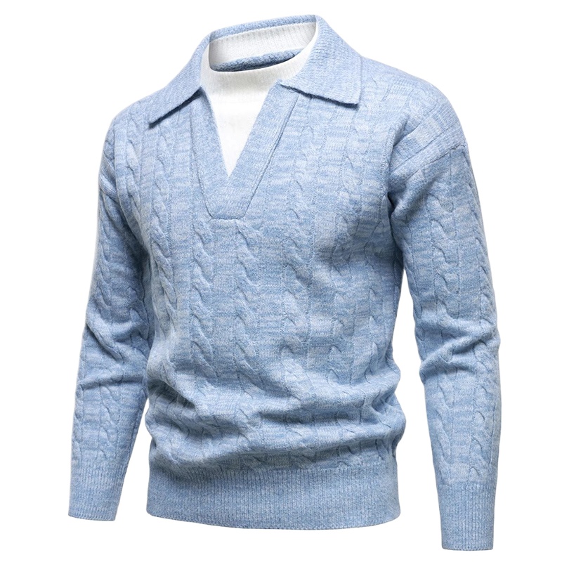 Wool Blend Coat - 영국 스타일 헨리 V넥 스웨터 코트