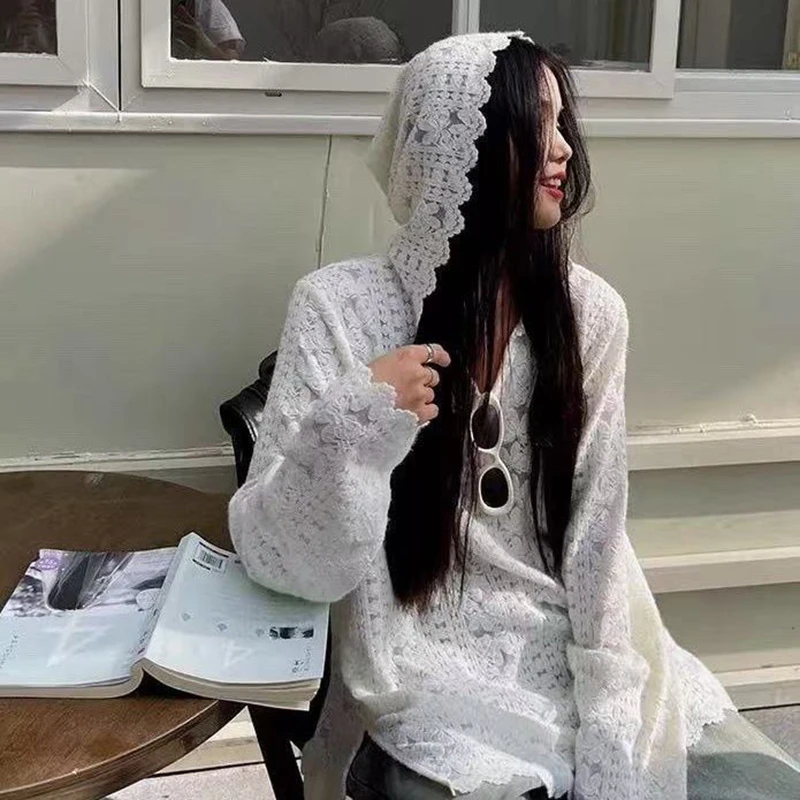 Y2K Winter Clothing - Y2K 레이스 후드 셔츠 여성 streetwear