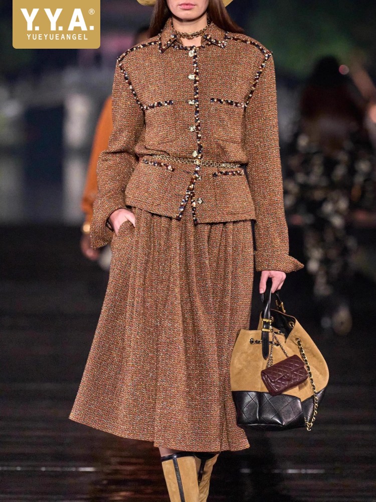 Wool Blend Coat - 여성 우아한 턴다운 칼라 스팽글 트위드