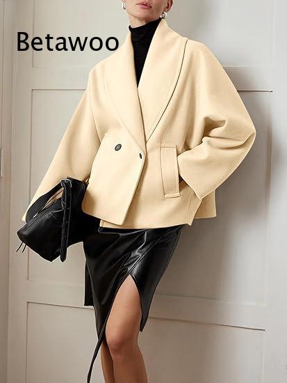 여성용 더블 브레스티드 숏 코트, 라펠 디자인, 루즈핏 - Wool Blend Coat 리뷰 및 가격