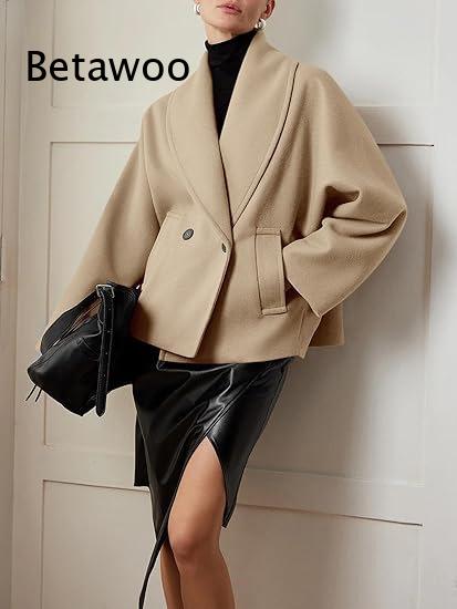 여성용 더블 브레스티드 숏 코트, 라펠 디자인, 루즈핏 - Wool Blend Coat 리뷰 및 가격