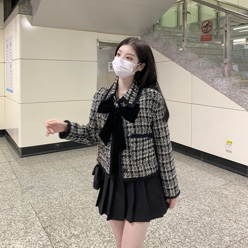 여성용 체크 무늬 나비 매듭 울 코트, 가을 겨울 프레 - Wool Blend Coat 리뷰 및 가격